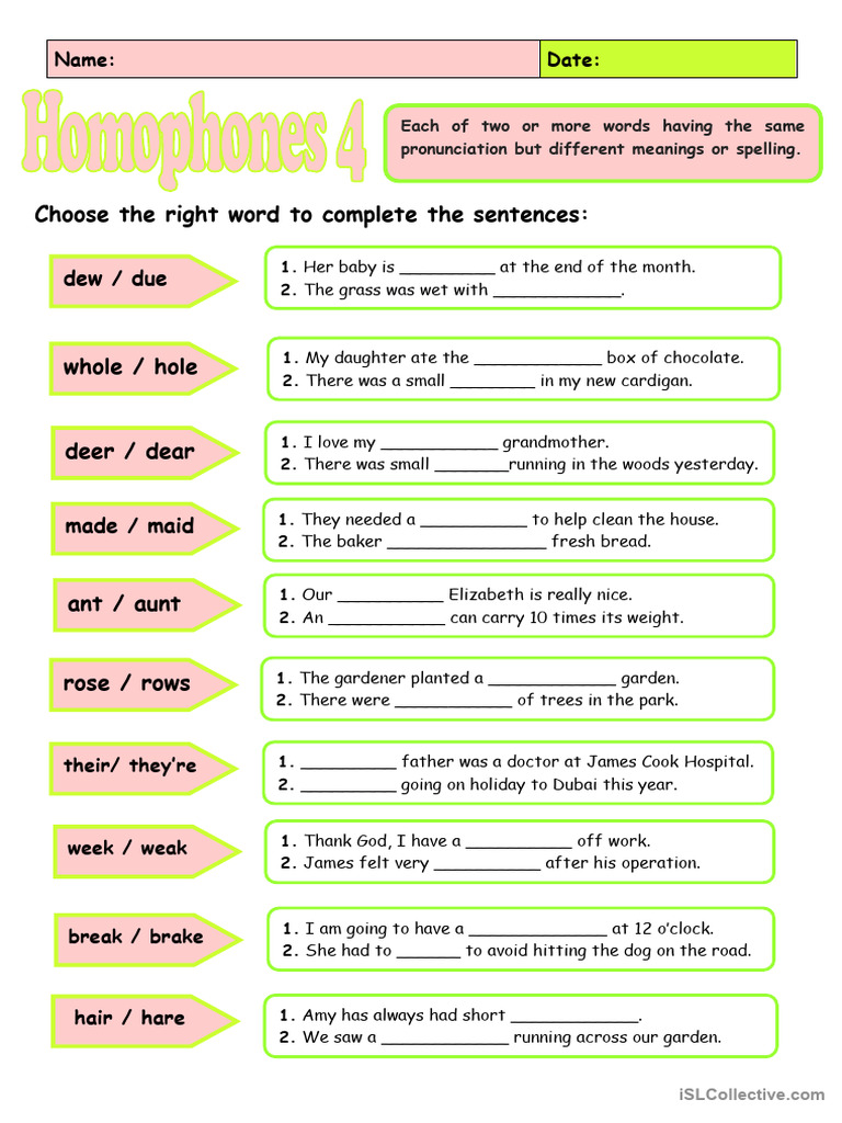 Homophones Exercise Worksheet | PDF