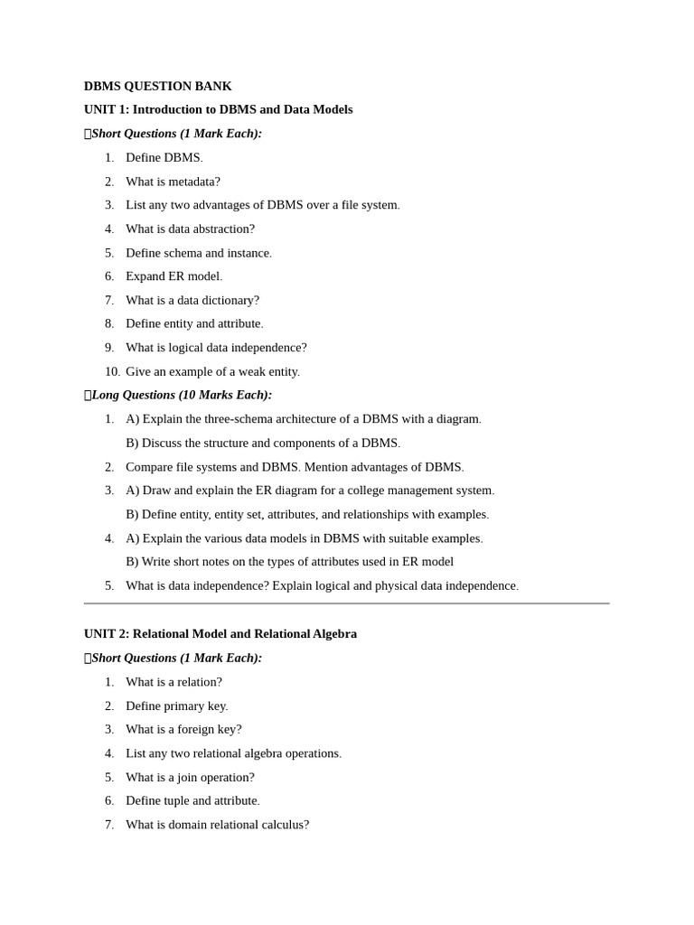 DBMS Important Questions for 3rd Semester | PDF | Database Index ...