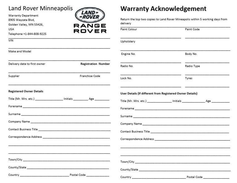 Land Rover Minneapolis Warranty Form | PDF