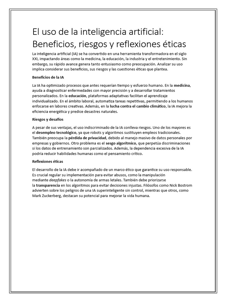 Beneficios y riesgos de la inteligencia artificial | PDF