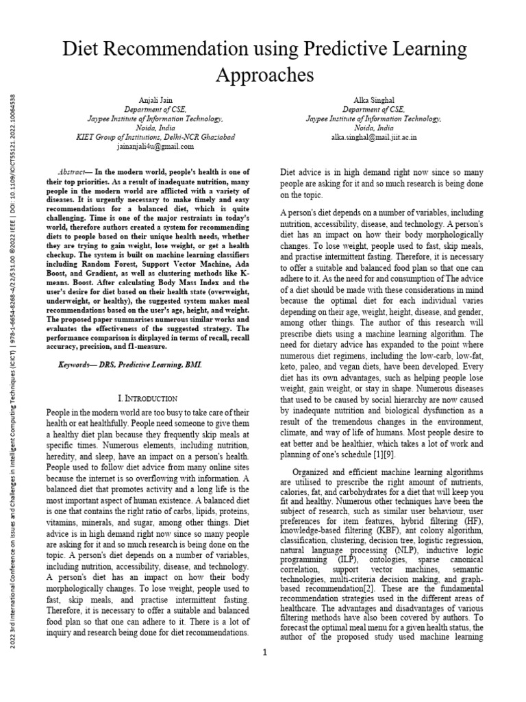 Predictive Machine Learning for Diet Recommendations | PDF | Dieting ...