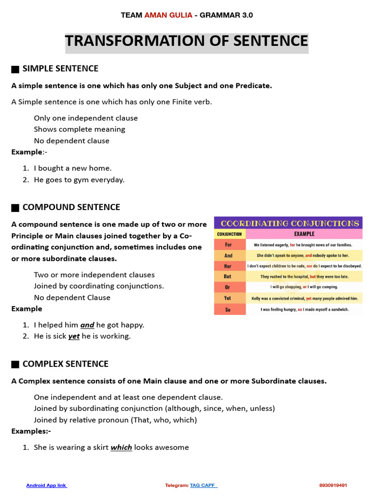 Transformation of Sentence | PDF | Clause | Subject (Grammar)