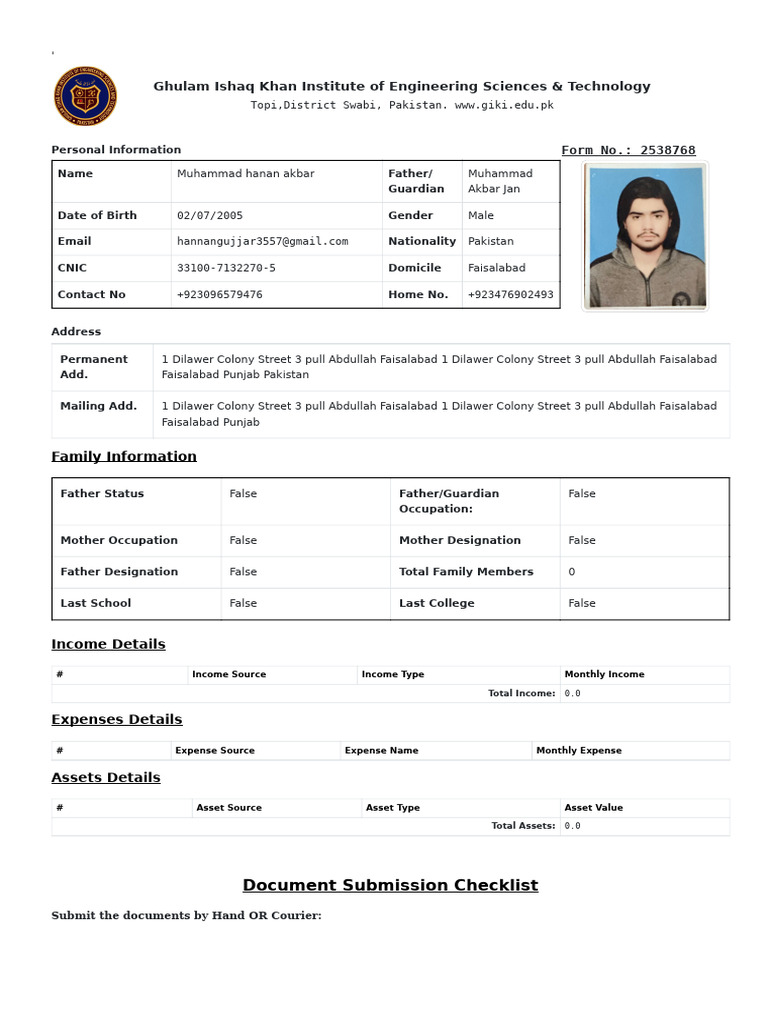 GIK Institute Admission Application Form | PDF