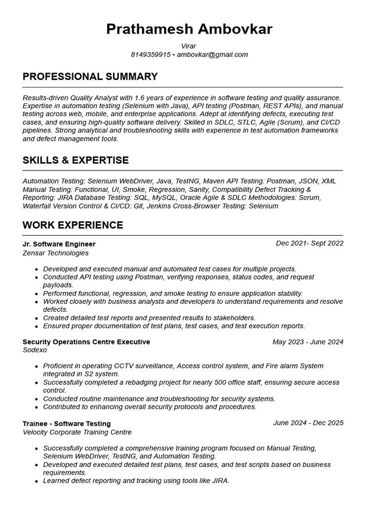 Quality Analyst Resume: Automation & API Testing | PDF | Software ...