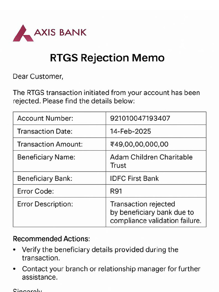 Axis Bank RTGS Rejection Memo | PDF