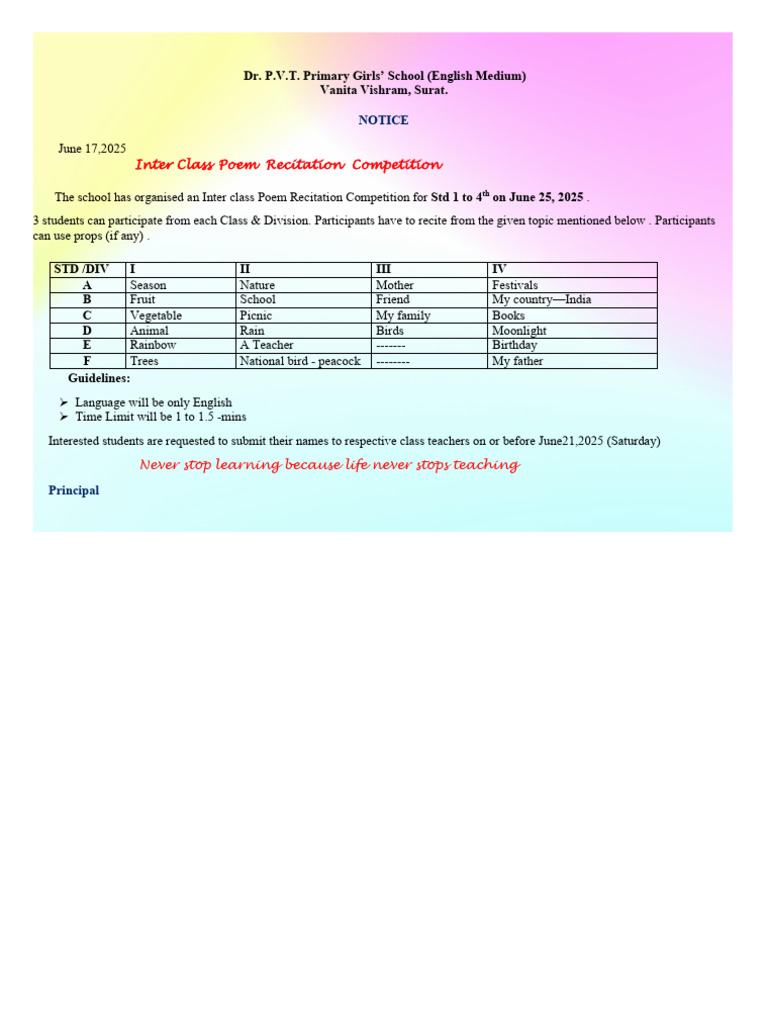 Inter Class Poem Recitation Notice | PDF