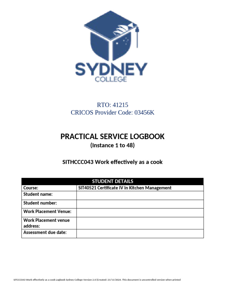 SITHCCC043 Work Effectively As A Cook Logbook Term 5 | PDF | Cooking | Menu