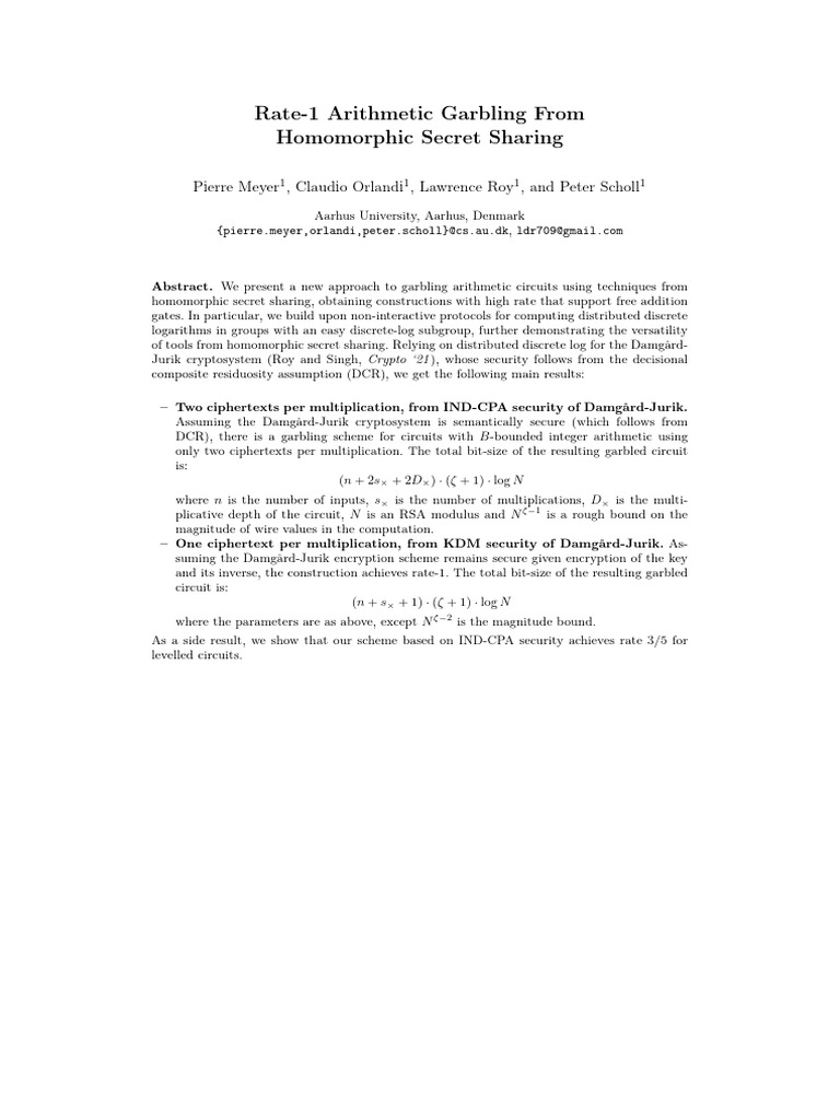 Rate-1 Arithmetic Garbling Techniques | PDF | Logarithm | Cryptography