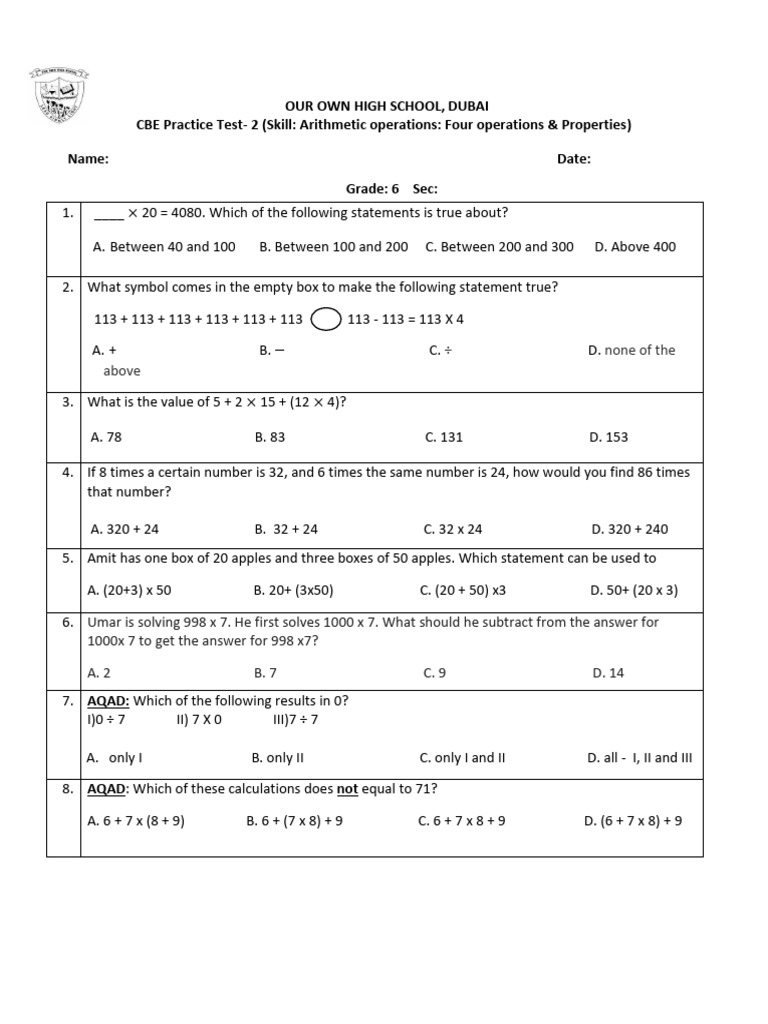 MATH CBE 2 2025-26 GR.6 Ch.3 Arithmetic Operationslink To Duplicate | PDF