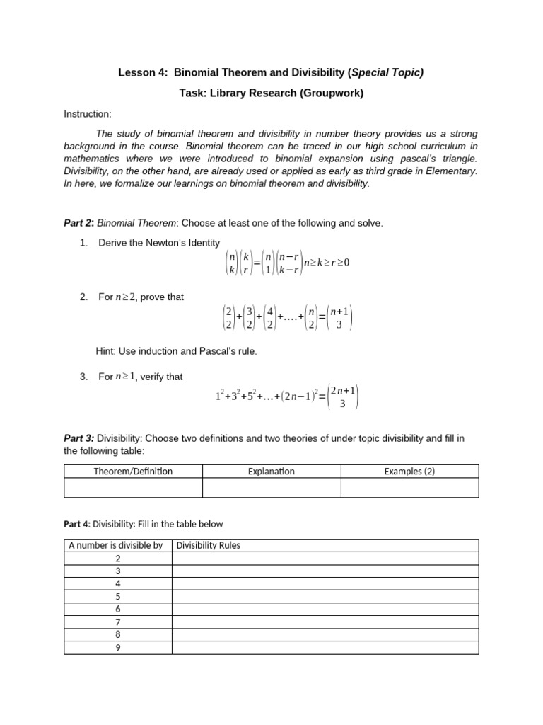 Lesson 4 Binomial Theorem and Divisibility | PDF