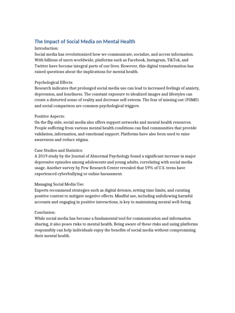 1 Impact of Social Media On Mental Health | PDF
