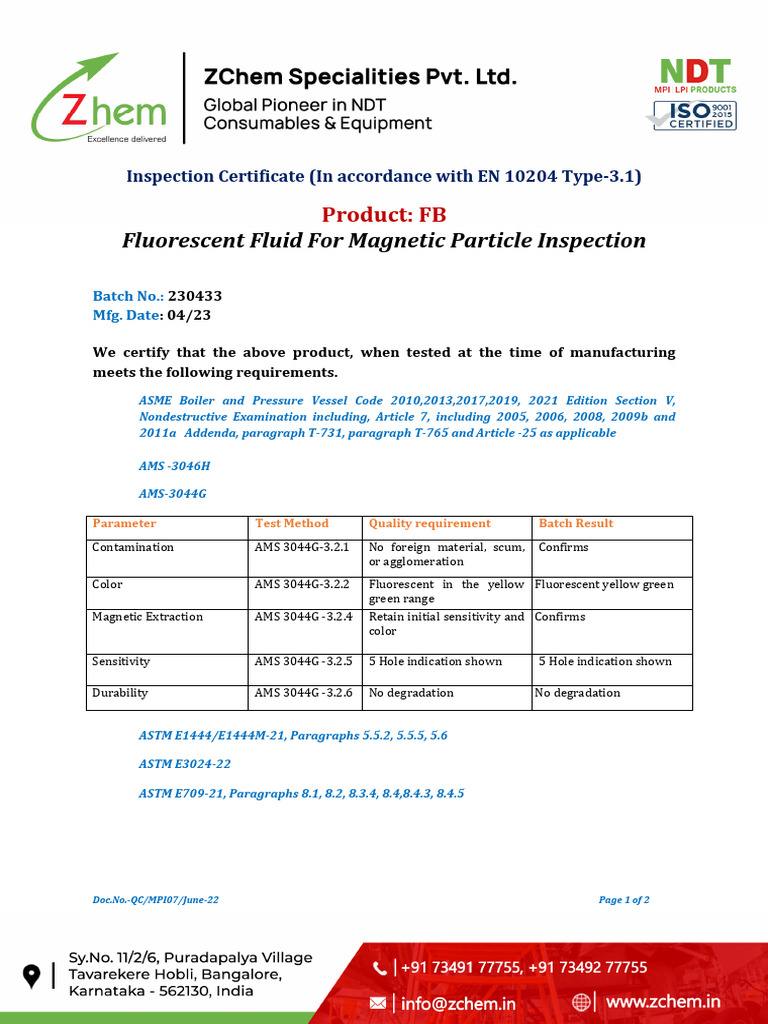 Fluorescent Fluid For Magnetic Particle Inspection: Product: FB | PDF ...