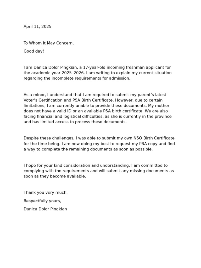 Admission Requirement Explanation Letter | PDF