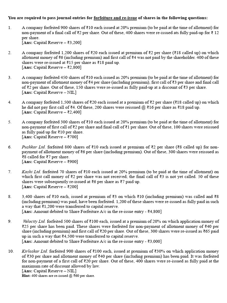 Forfeiture and Reissue of Shares Analysis | PDF | Payments | Money