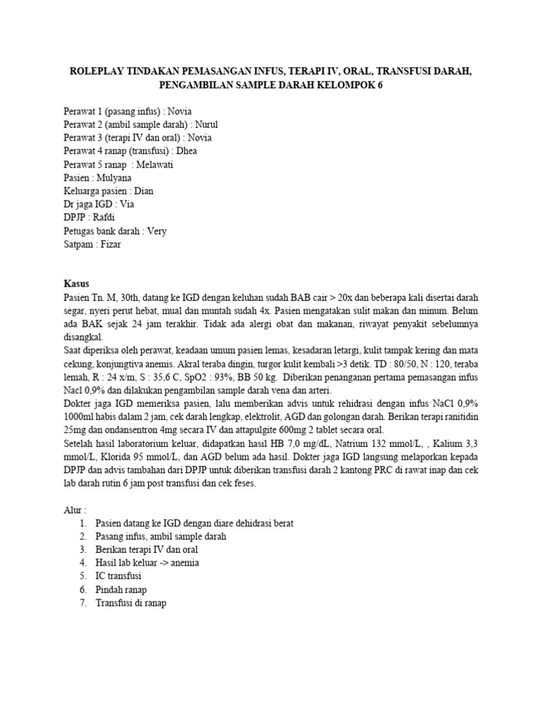 Roleplay Infus, Iv, Oral, Sample Darah, TF | PDF
