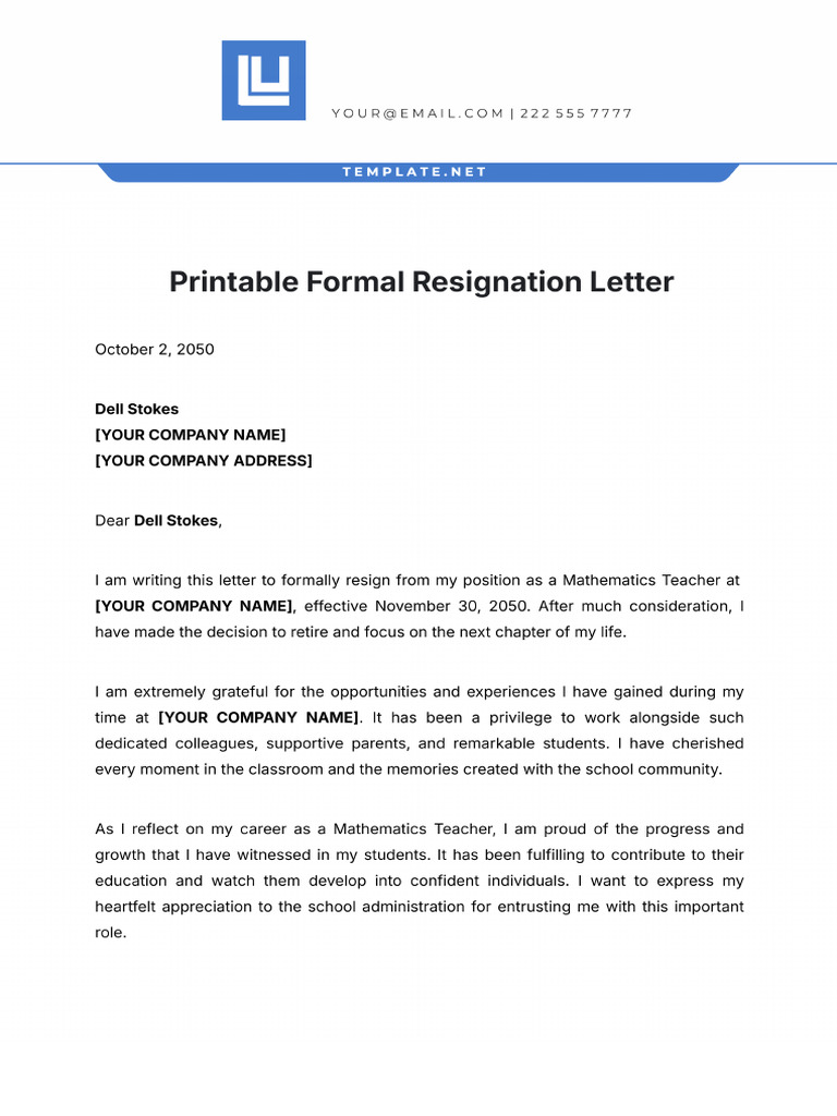 Free Printable Formal Resignation Letter Template | PDF
