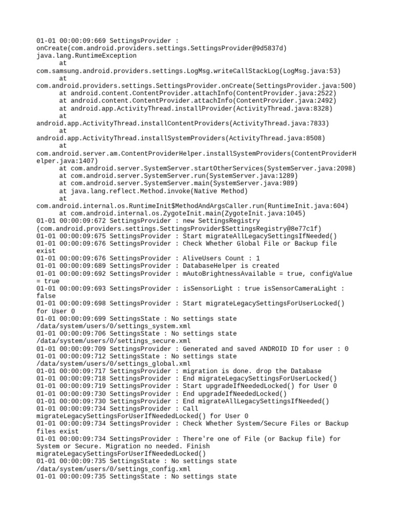 Samsung SettingsProvider Migration Logs | PDF | Java (Programming ...