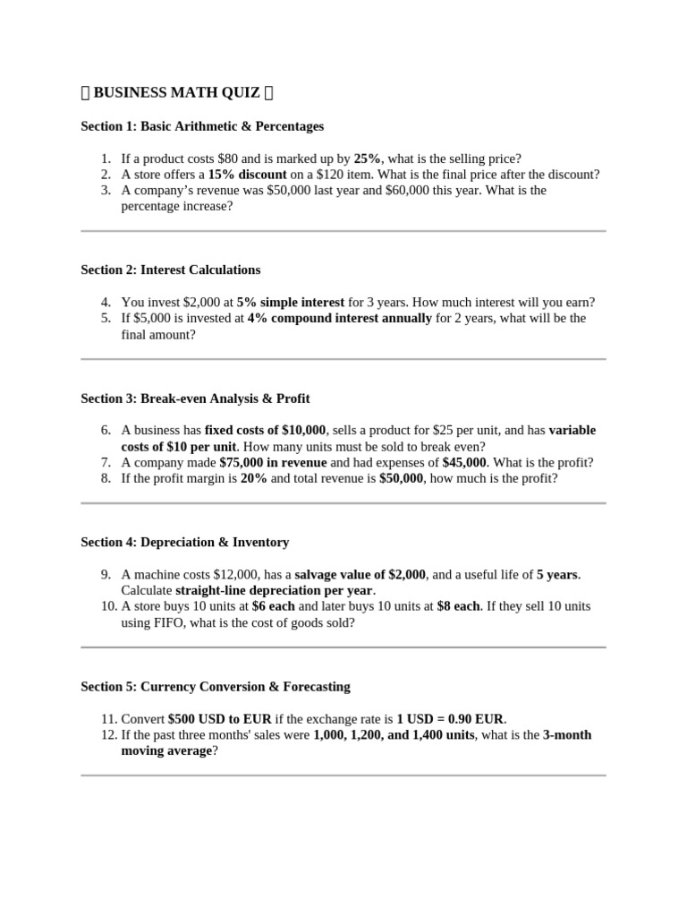 Business Math Quiz for Investors | PDF
