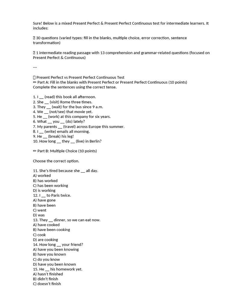 Present Perfect & Continuous Test for Learners | PDF | Chess Openings ...