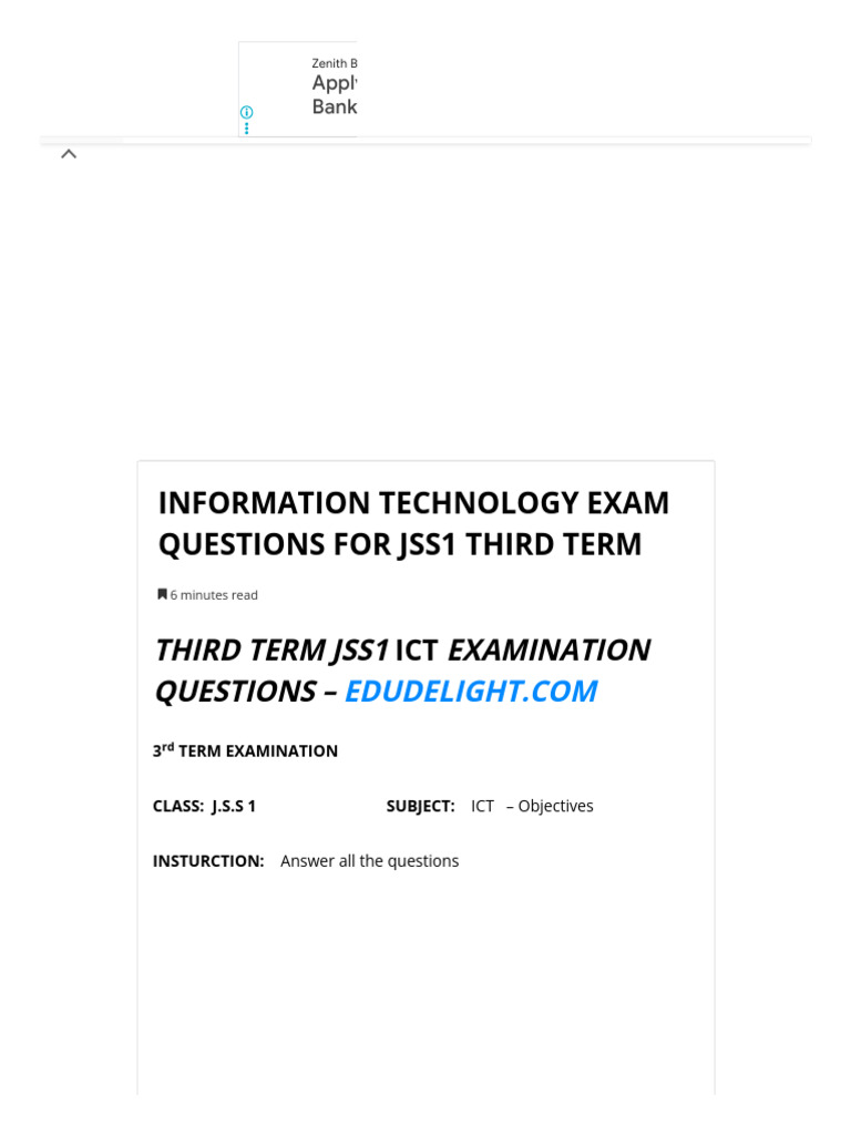 JSS1 ICT Third Term Exam Questions | PDF | Input/Output | Computer Monitor