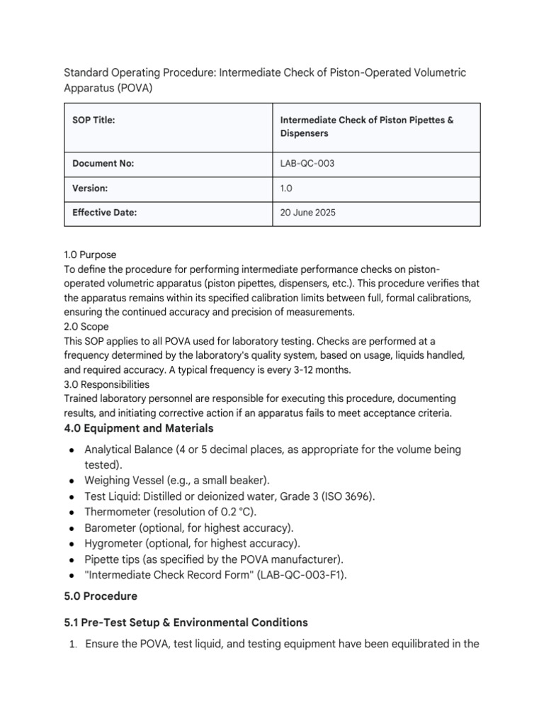 Standard Operating Procedure Intermediate Check of Piston-Operated ...