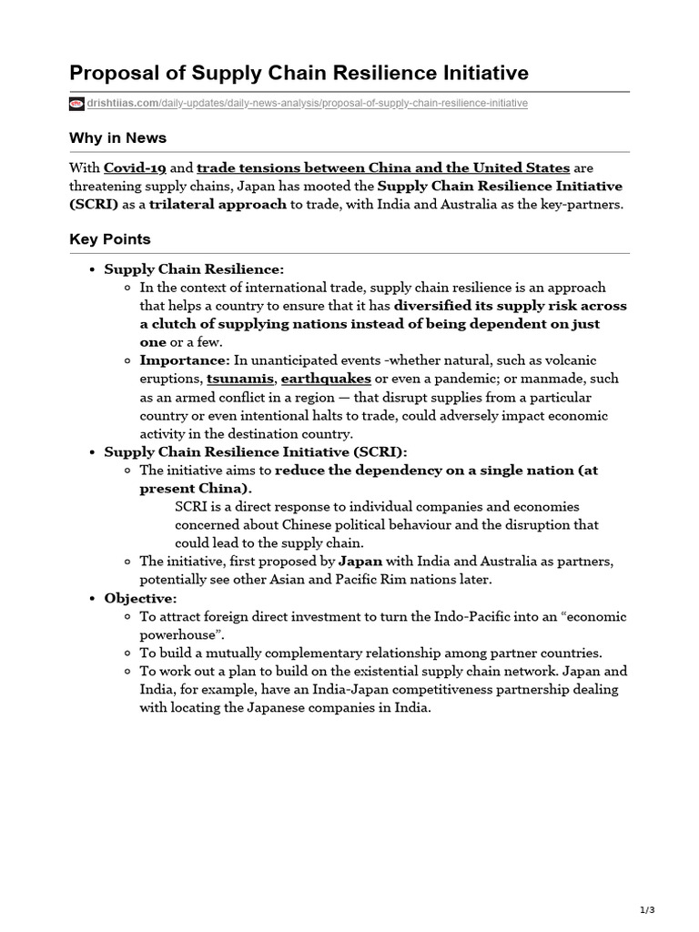 Supply Chain Resilience Initiative Overview | PDF | China | World Politics