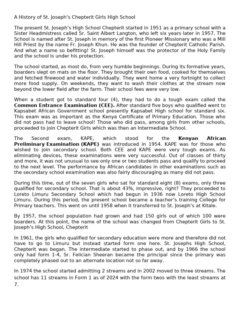 History of St. Joseph's Chepterit High School | PDF