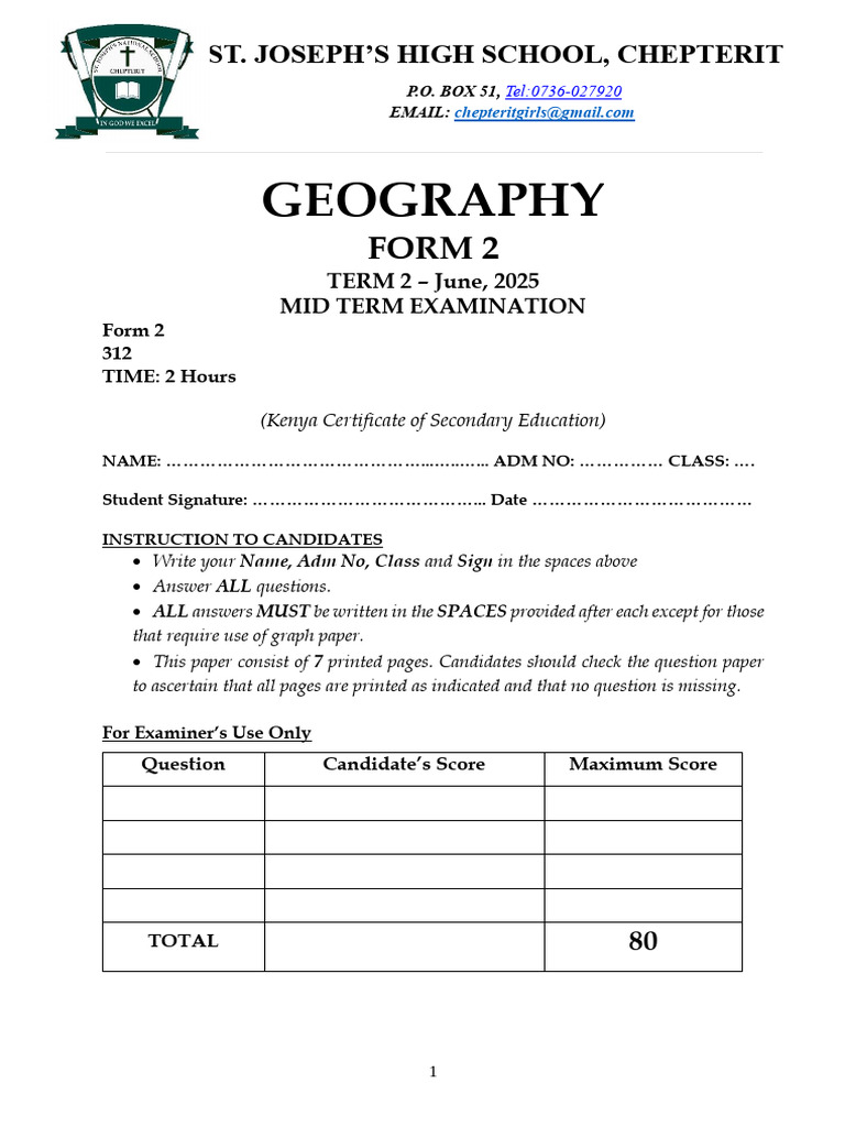 Form 2 Geography Mid Term Exam 2025 | PDF | Rock (Geology) | Earth Sciences