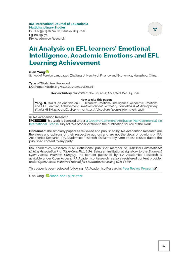 An Analysis On EFL Learners Emotional Intelligenc | PDF | Emotional ...