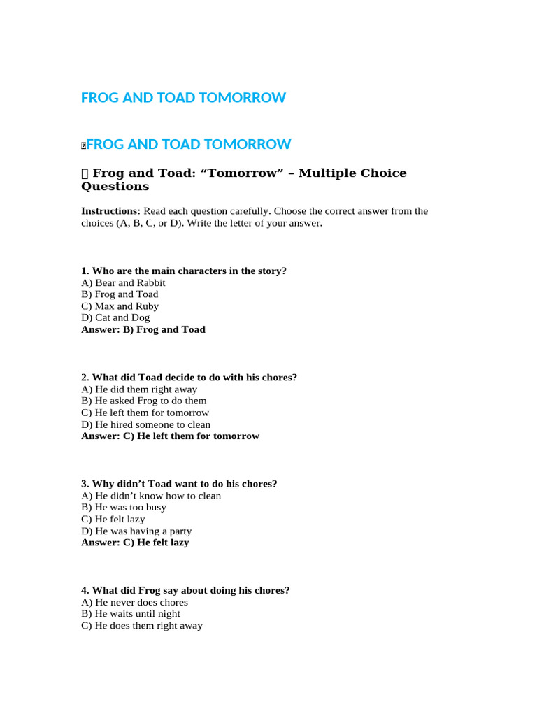 Frog and Toad Tomorrow. Answer Key | PDF