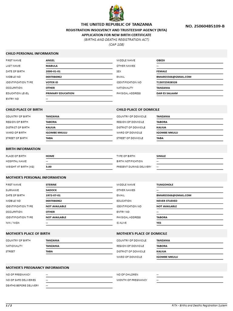 RITA Birth Certificate Application Form | PDF | Tanzania | Government ...