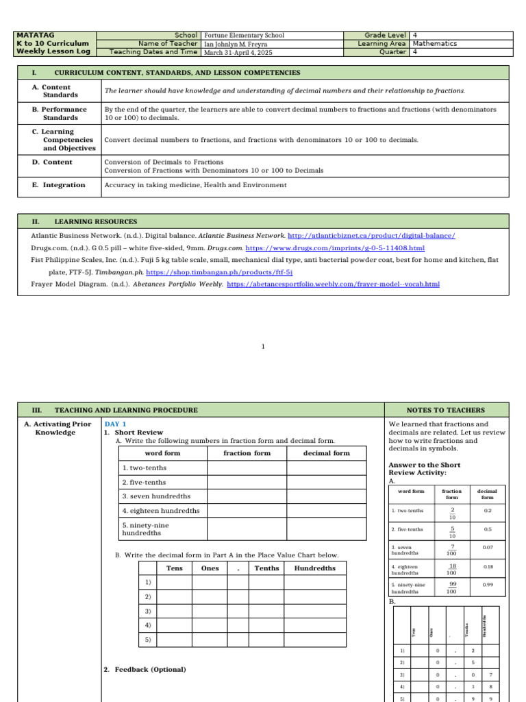 Grade 4 Math: Decimals to Fractions Guide | PDF | Decimal | Learning