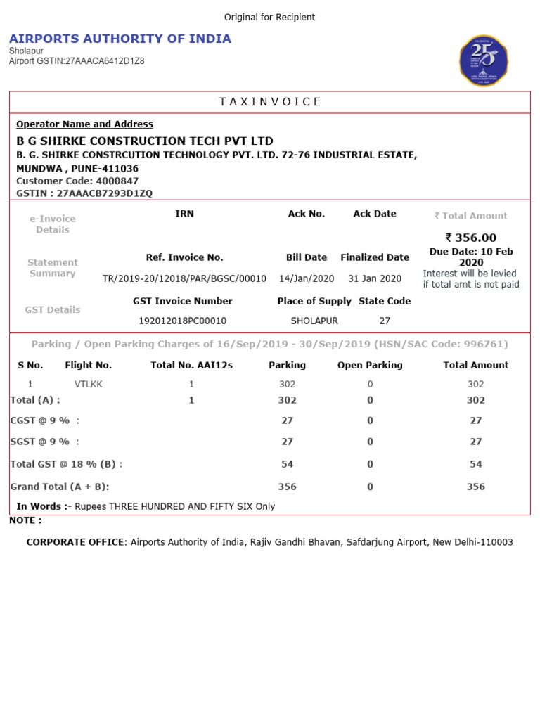 Airport Parking Invoice - AAI Sholapur | PDF | Public Finance ...