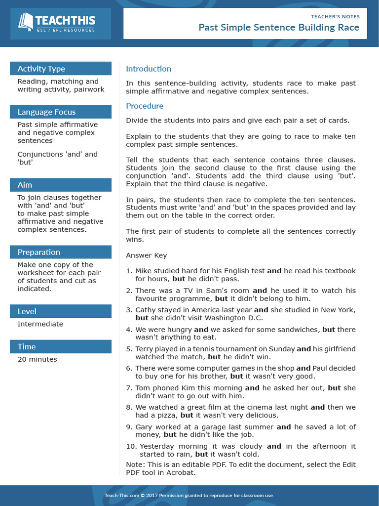 Past Simple Sentence Building Race | PDF | Sentence (Linguistics ...