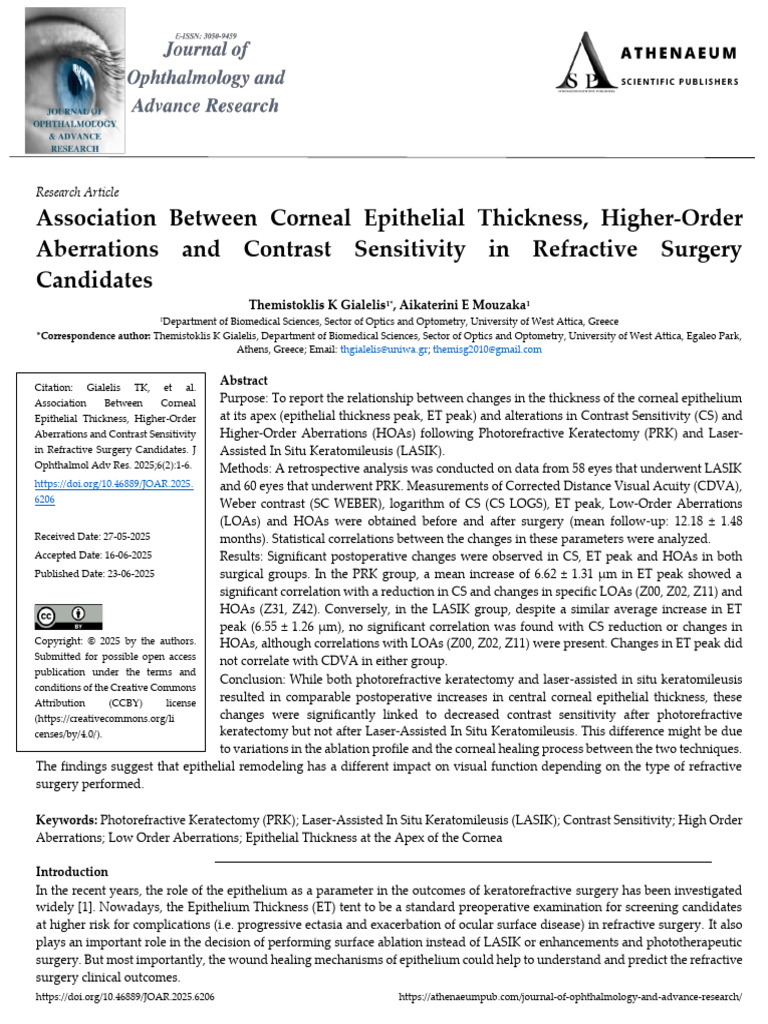 Corneal Epithelial Thickness and Visual Outcomes | PDF | Myopia ...