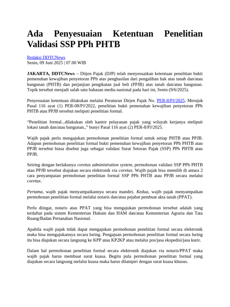 Validasi SSP PPh PHTB Berdasarkan PER-8/PJ/2025 | PDF