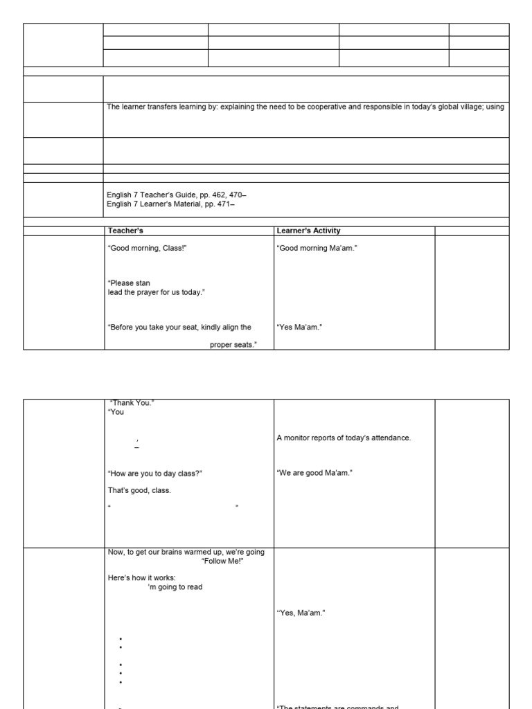 Grade 7 English Lesson on Imperatives | PDF | Learning | Curriculum