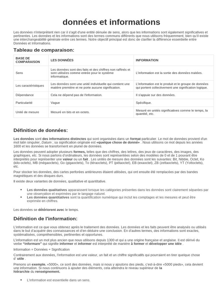 Différence entre données et informations | PDF | Informations ...