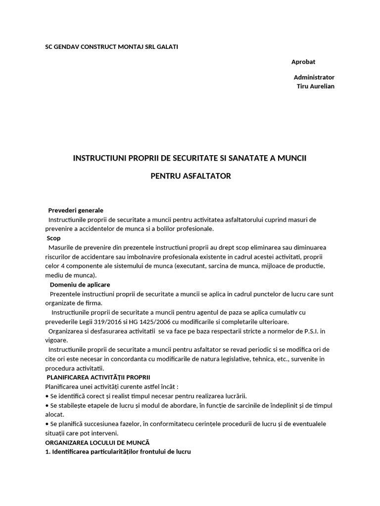 Instructiuni Proprii de Protectia Muncii Pentru Asfaltator | PDF