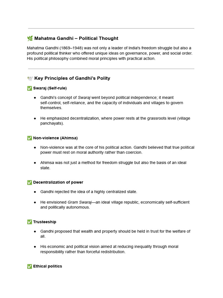 Gandhi's Political Thought and Vision | PDF | Mahatma Gandhi | Nonviolence