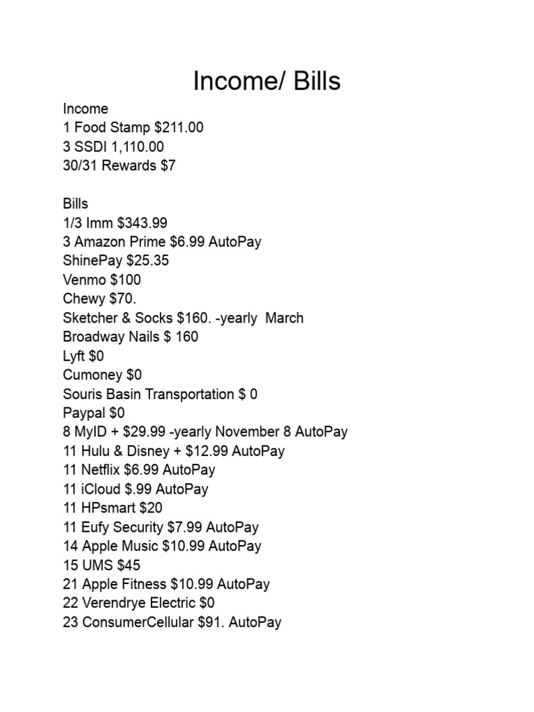 Monthly Income and Bill Breakdown | PDF