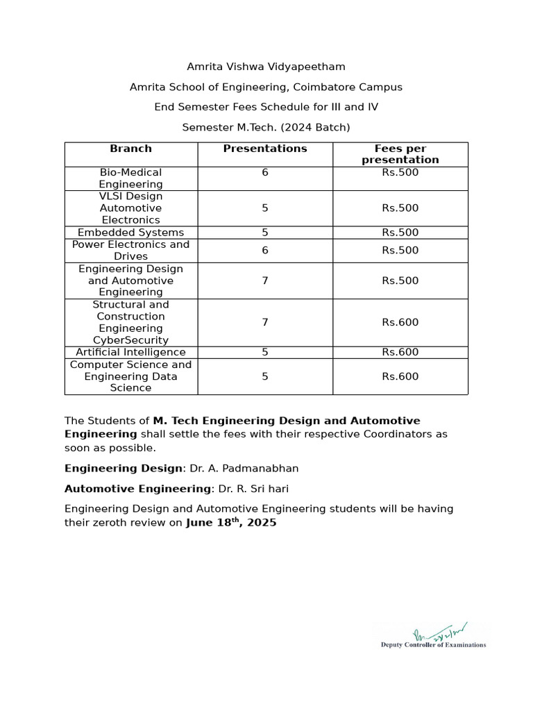 Mtech Fees Structure - III and IV Semester | PDF