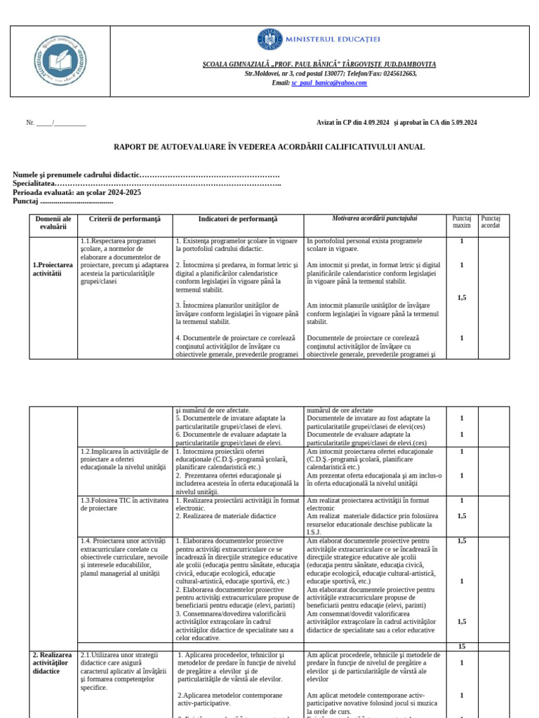 Raport Autoevaluare Profesori 2024-2025 | PDF