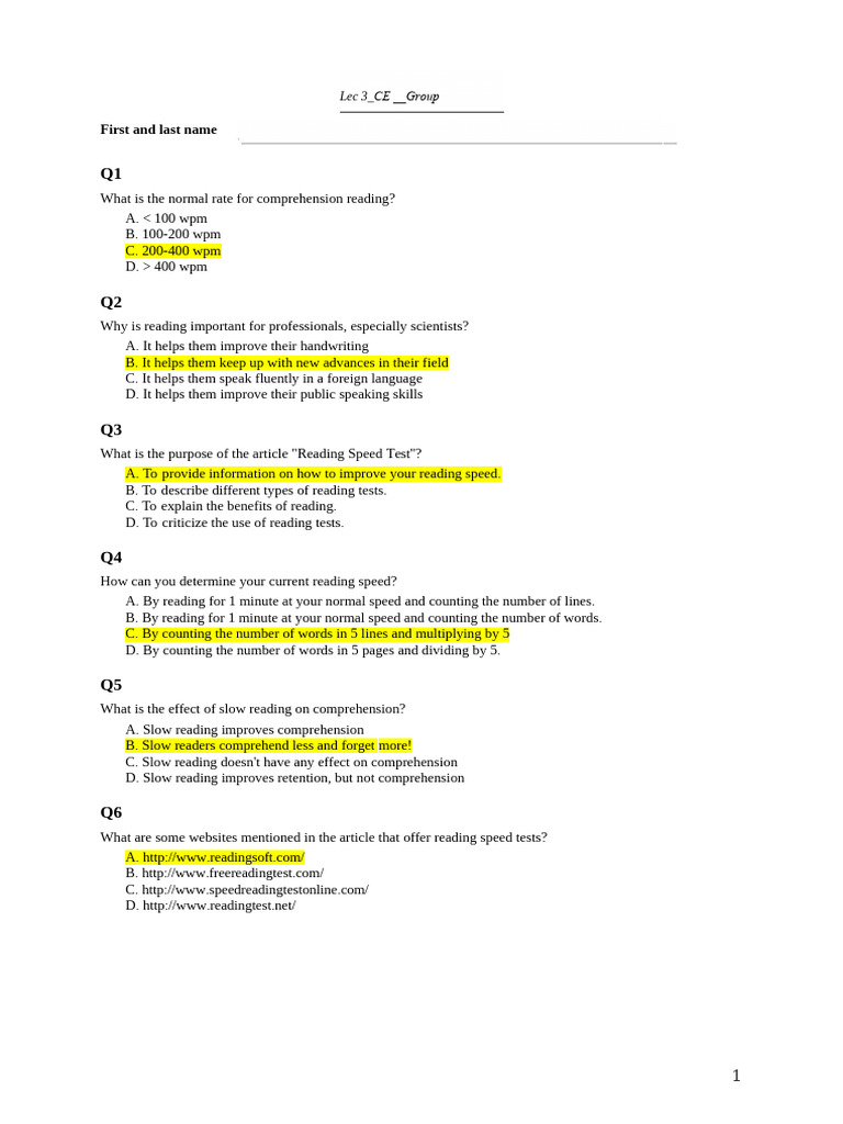 Research Questions Lec 3 - CE | PDF | Reading Comprehension | Speed Reading