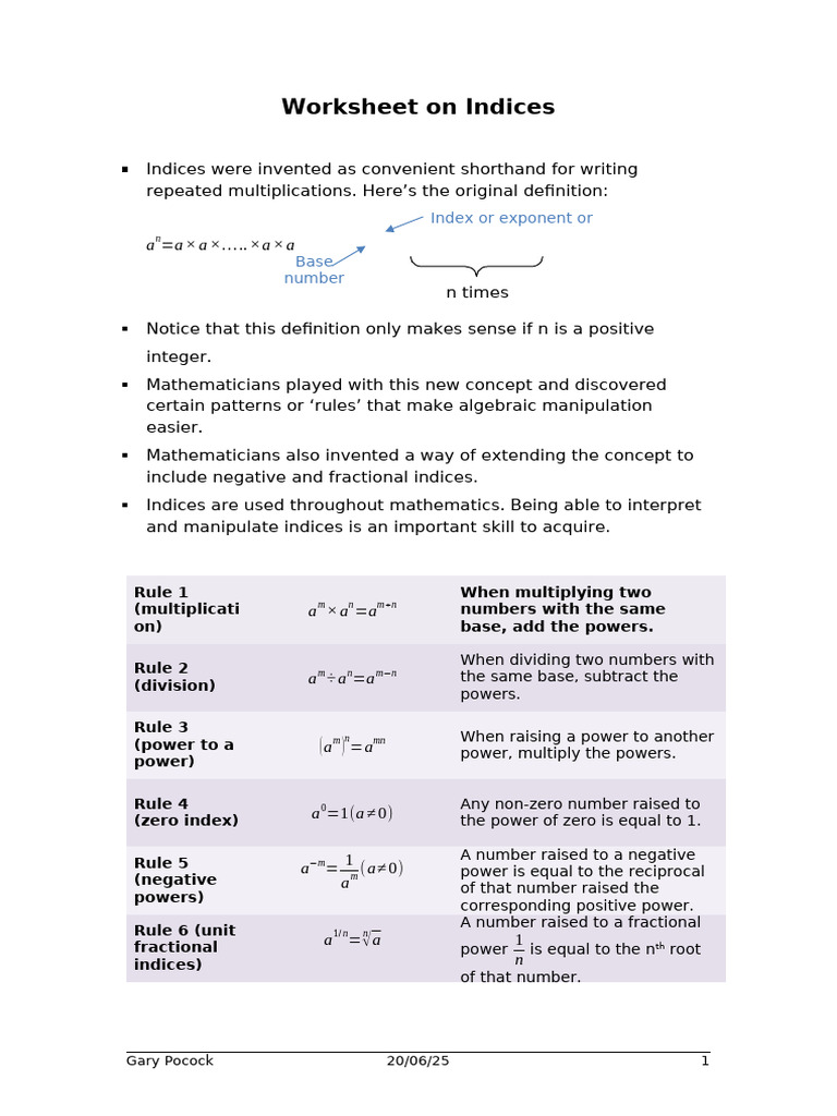 Indices Worksheet and Rules | PDF | Multiplication | Numbers