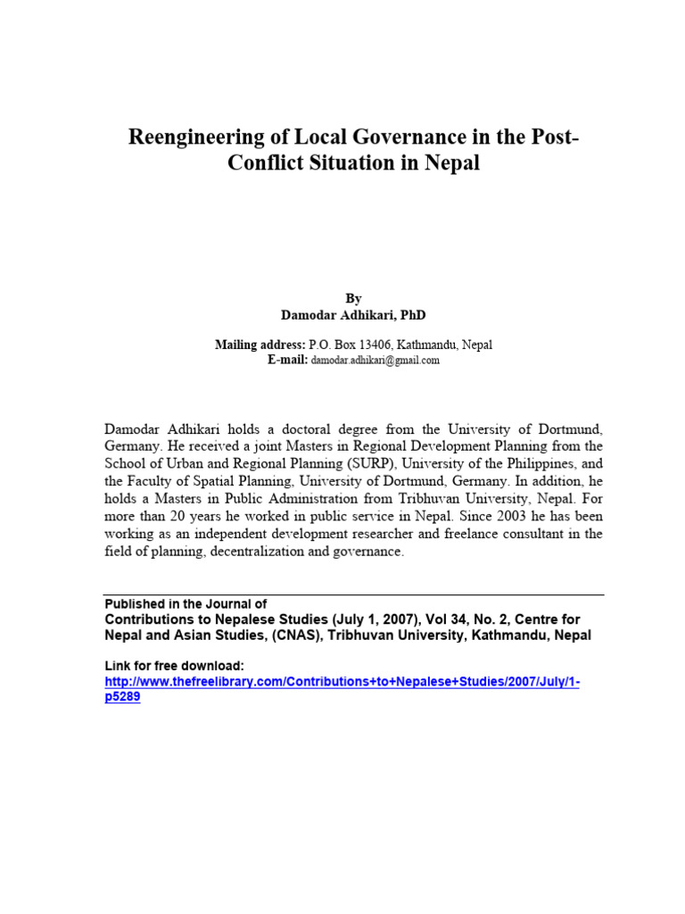 Reengineering of Local Governance in The Post Conflict Situation in ...