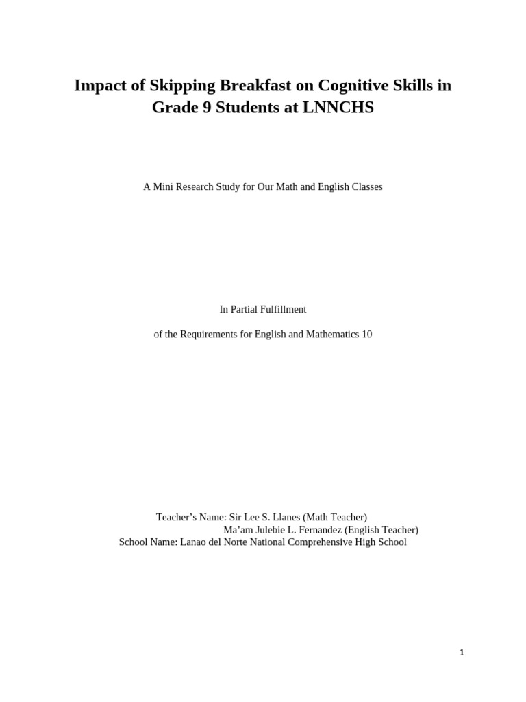 Impact of Skipping Breakfast On Cognitive Skills in Grade 9 Students at ...