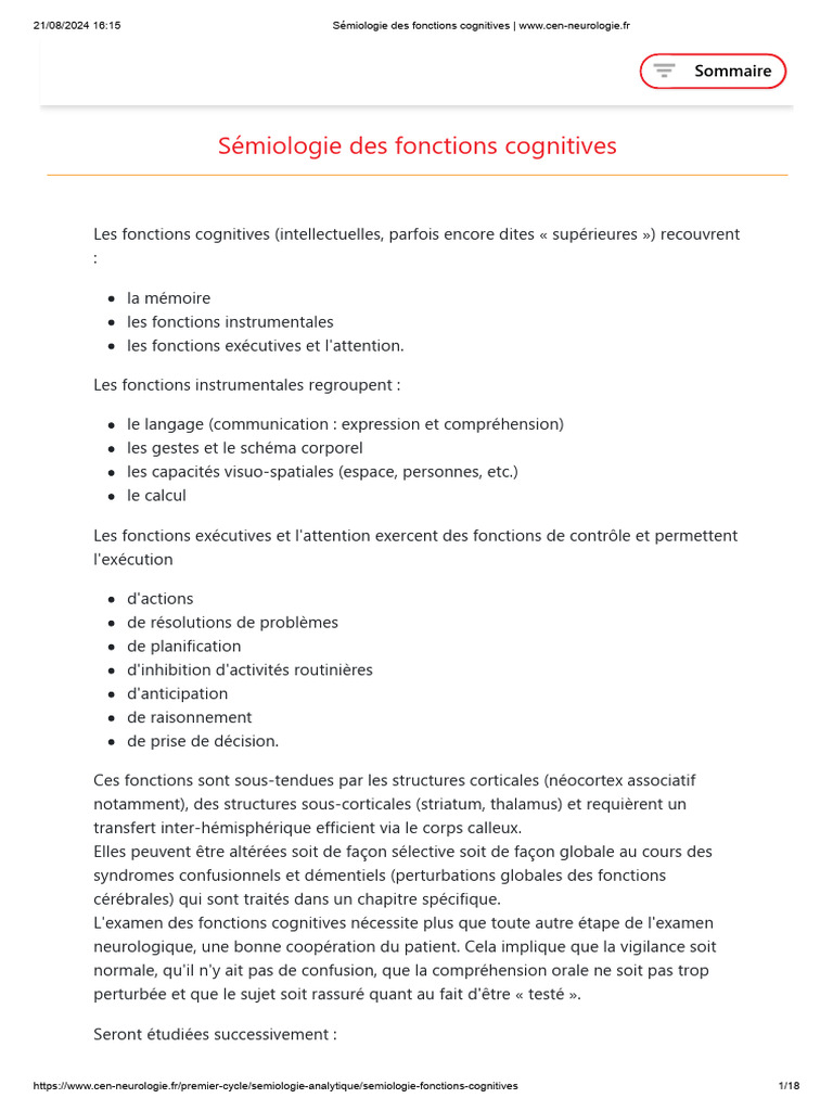 Sémiologie des fonctions cognitives | PDF | Aphasie | Mémoire