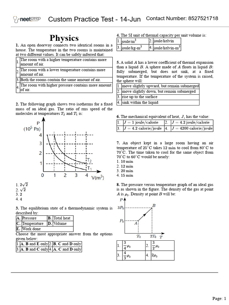 Custom Practice Test - 14-Jun | PDF | Temperature | Gases