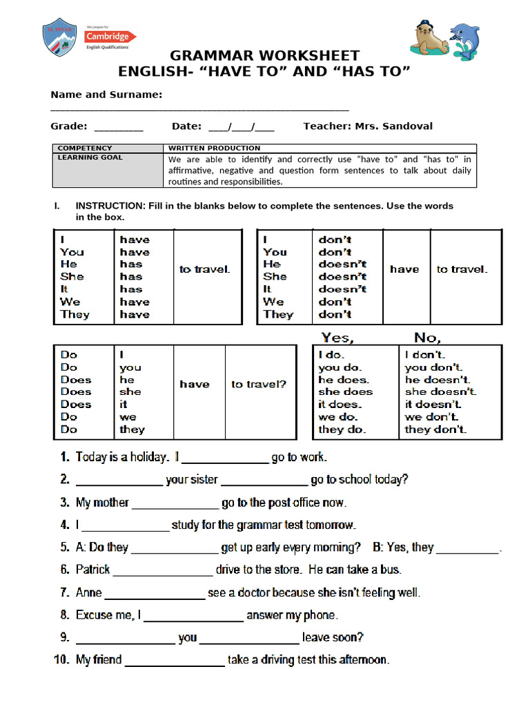 Have To/Has To Grammar Worksheet | PDF